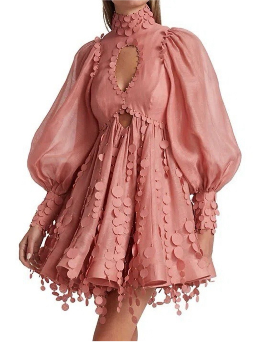 Zimmermann 0 Concert Disc Pink Cutout Mini Dress Puff Sleeve Linen Silk Appliqué - Picture 7 of 15